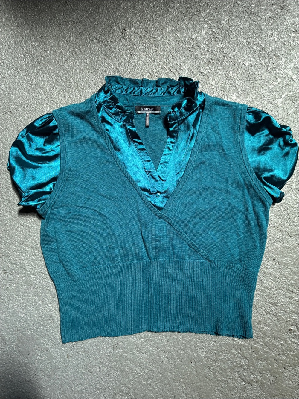 b.street Y2K style Teal Layered Satin-Trim Short Sleeve Blouse
